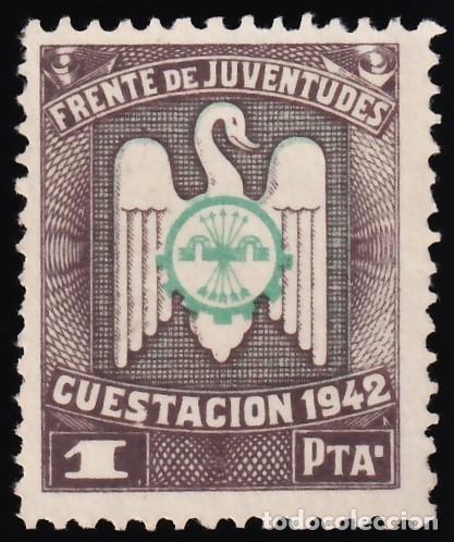 Sellos: Falange Espa&ntilde;ola, Frente de Juventudes Cuestaci&oacute;n Anual 1942, 1 pts. casta&ntilde;o oscuro y verde