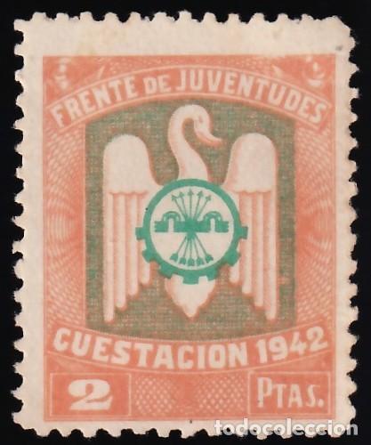 Sellos: Falange Espa&ntilde;ola, Frente de Juventudes Cuestaci&oacute;n Anual 1942, 2 pts. naranja y verde