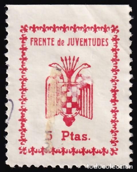 Sellos: Falange Espa&ntilde;ola, Frente de Juventudes (S.E.U.), 3 Ptas. carm&iacute;n