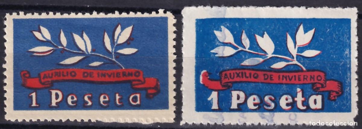 Sellos: Falange Espa&ntilde;ola, Auxilio de Invierno, 1 pts. azul y carm&iacute;n, [distinto color y medidas.]