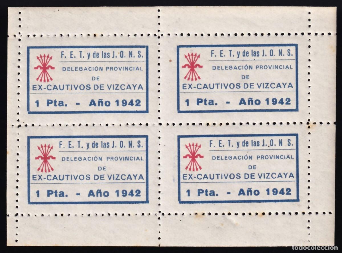 Sellos: F.E.T y de las J.O.N.S. / EX-CAUTIVOS DE VIZCAYA, / 1 pts. azul y rojo, Bloque de Cuatro.