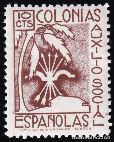 Sellos: Falange Espa&ntilde;ola, Auxilio Social, Colonias Espa&ntilde;olas, 10 cts. casta&ntilde;o,