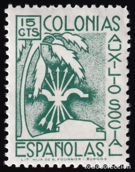 Sellos: Falange Espa&ntilde;ola, Auxilio Social, Colonias Espa&ntilde;olas, 15 cts. verde,