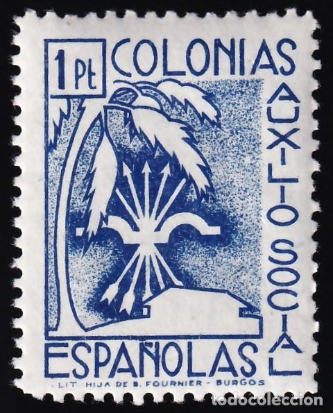 Sellos: Falange Espa&ntilde;ola, Auxilio Social, Colonias Espa&ntilde;olas, 1 pts. azul.