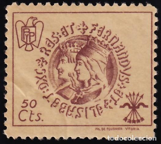 Sellos: Falange Espa&ntilde;ola, Medall&oacute;n Reyes Cat&oacute;licos, 50 casta&ntilde;o s. sepia,