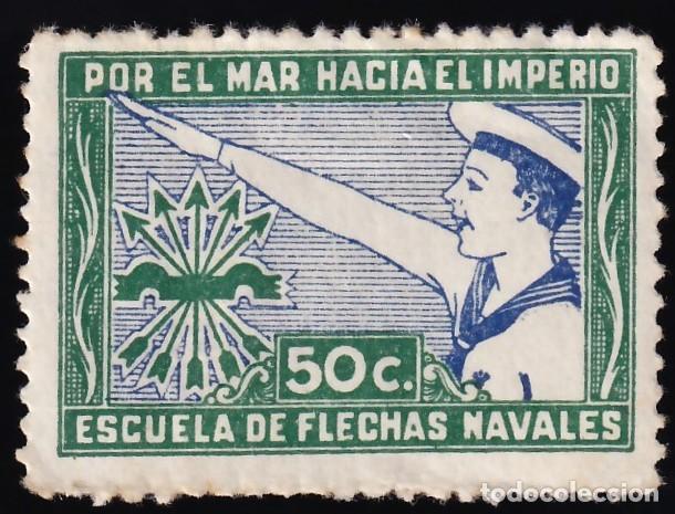 Sellos: Falange Espa&ntilde;ola, Escuela de Flechas Navales, 50 cts, verde y azul