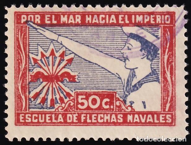 Sellos: Falange Espa&ntilde;ola, Escuela de Flechas Navales, 50 cts, rojo y azul