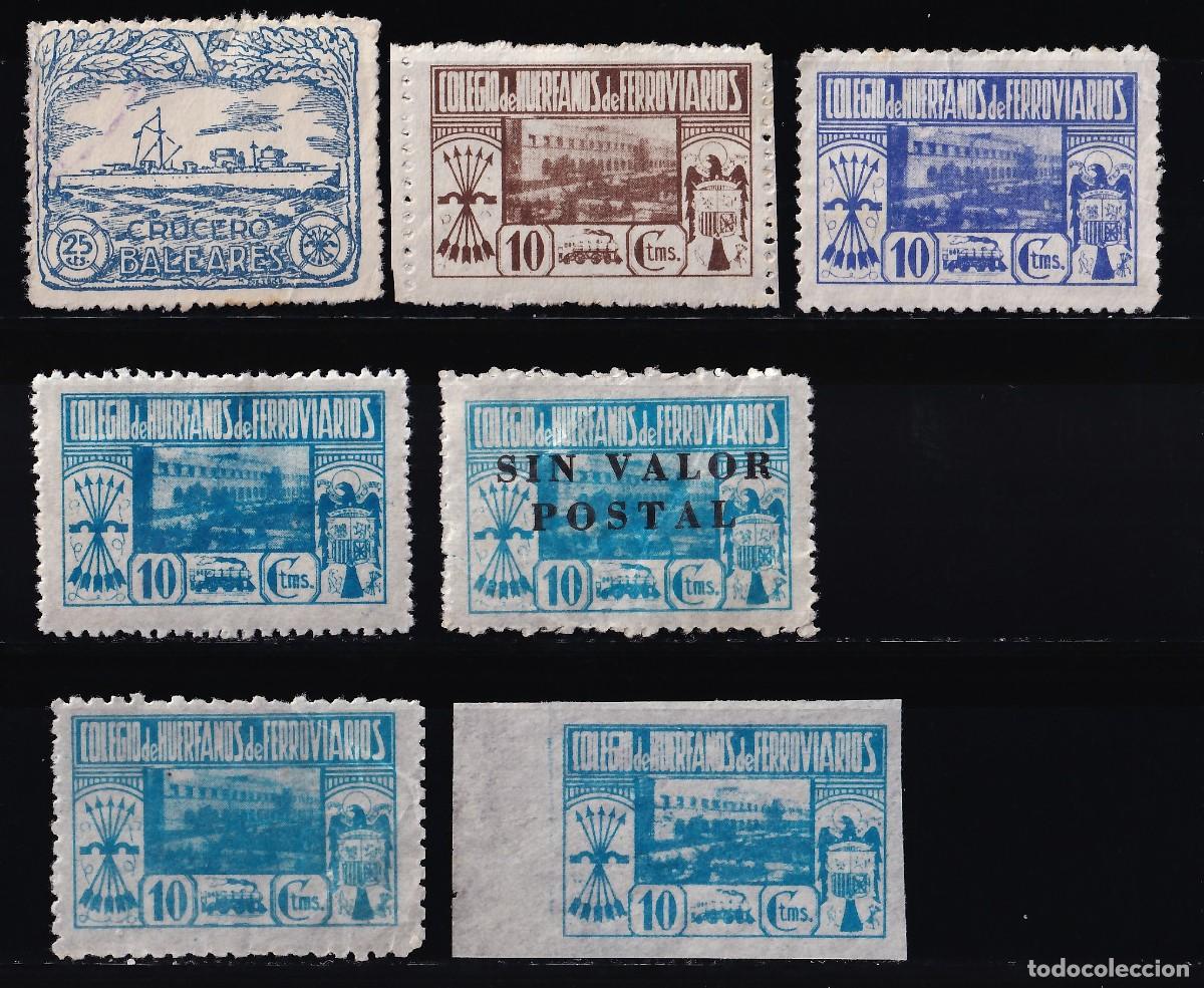 Sellos: Falange Espa&ntilde;ola, Colegio de Hu&eacute;rfanos de Ferroviarios, distintos valores