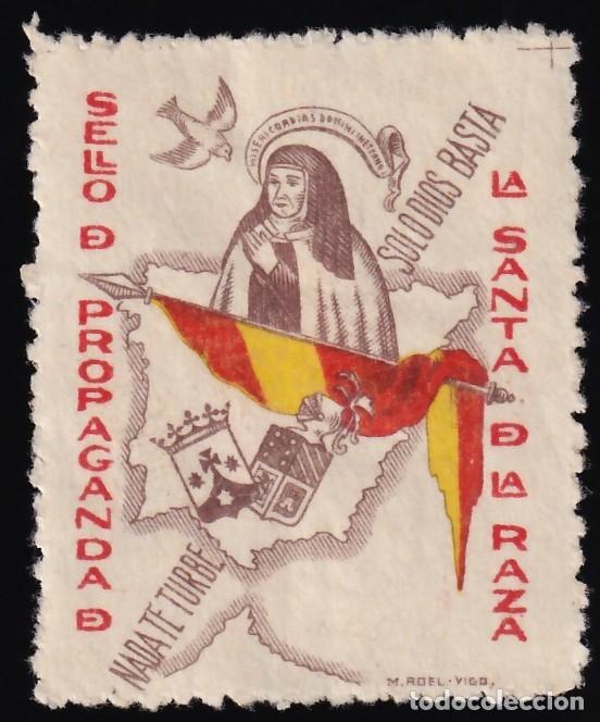 Sellos: Falange Espa&ntilde;ola, Sello de Propaganda, La Santa de la Raza, s/v casta&ntilde;o, rojo y amarillo