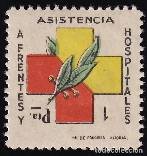 Sellos: Frentes y Hospitales, 1 pta. nego, carm&iacute;n verde y amarillo, [Cifra y Pta. invertidos.]