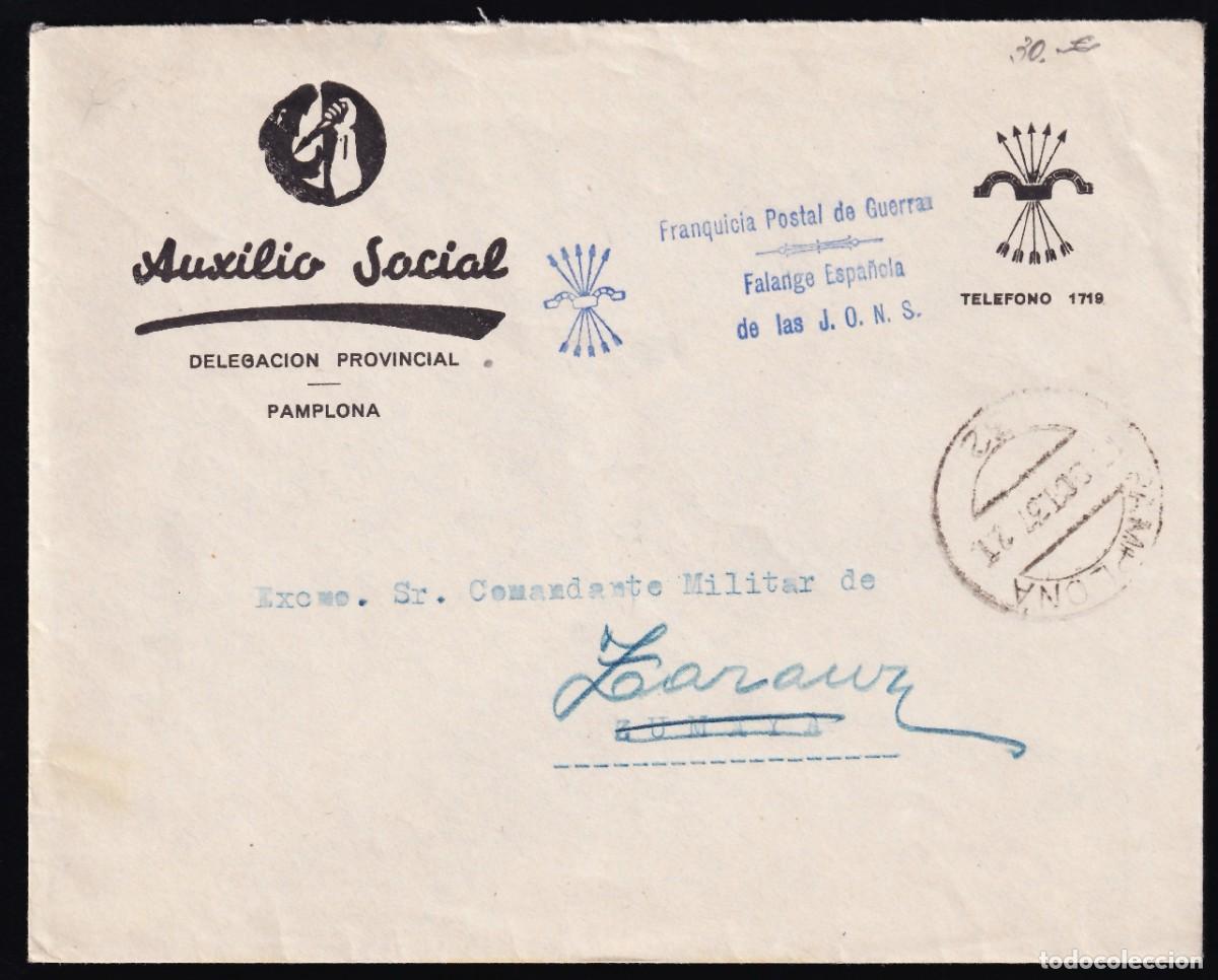 Sellos: Sobre Auxilio Social, Franquicia Postal de Guerra, Falange Espa&ntilde;ola de las J.O.N.S.