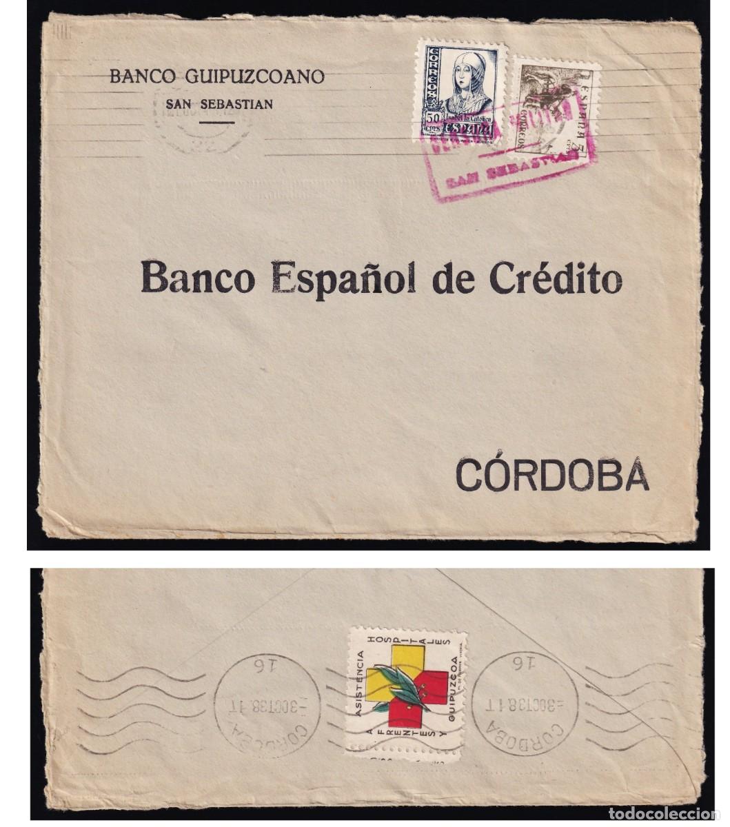 Sellos: Sobre, San Sebastian a Cordoba, [En el reverso, vi&ntilde;eta de Frentes y Hospitales de Guipuzcoa.]