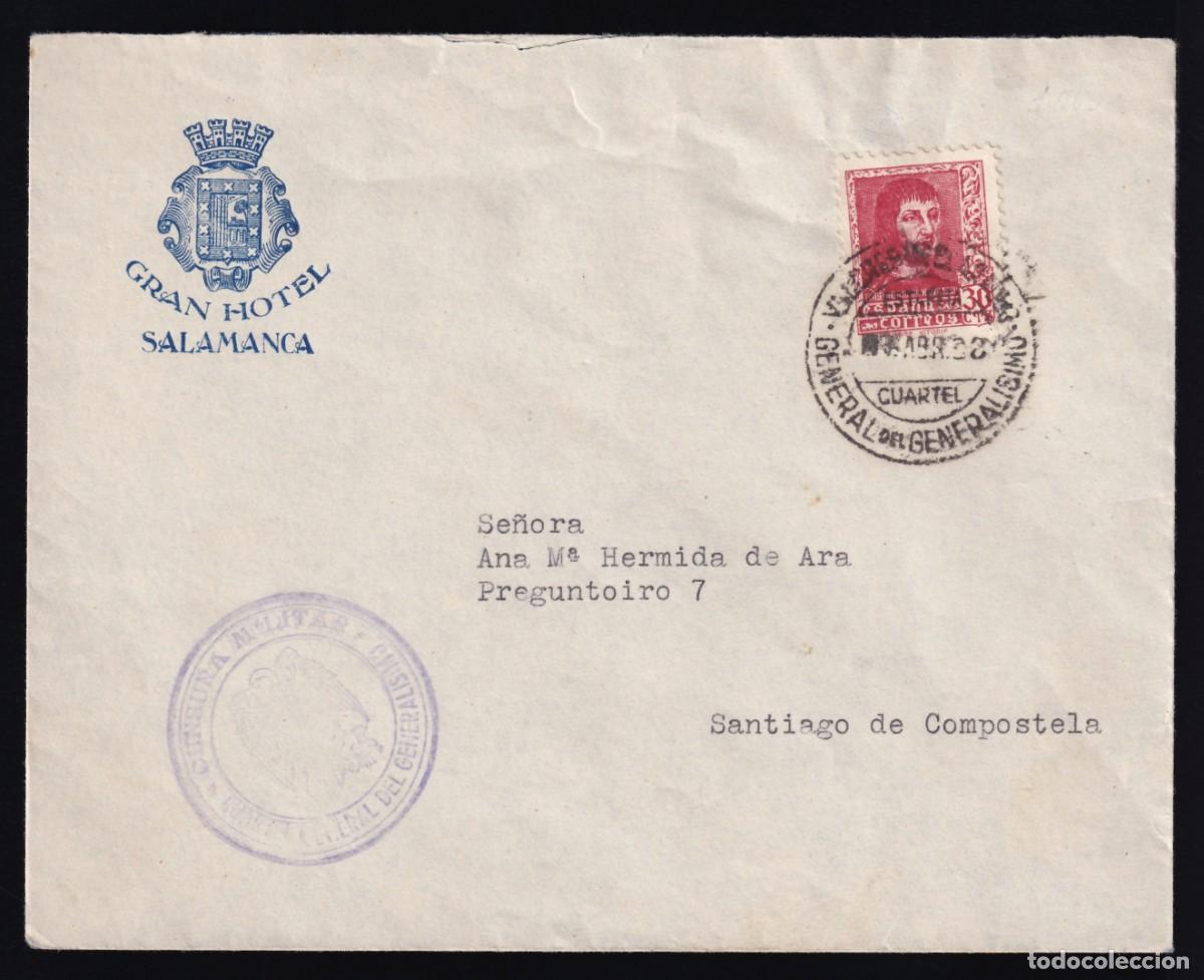 Francobolli: Sobre de Salamanca a Santiago de Compostela, [Mat. Cuartel General del General&iacute;simo.]