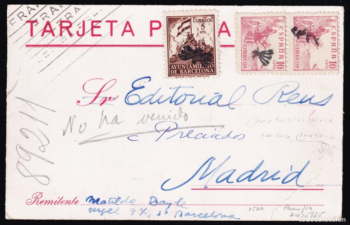 Sellos: Tarjeta circulada, Barcelona a Madrid, Mat. Emblema de la Falange.