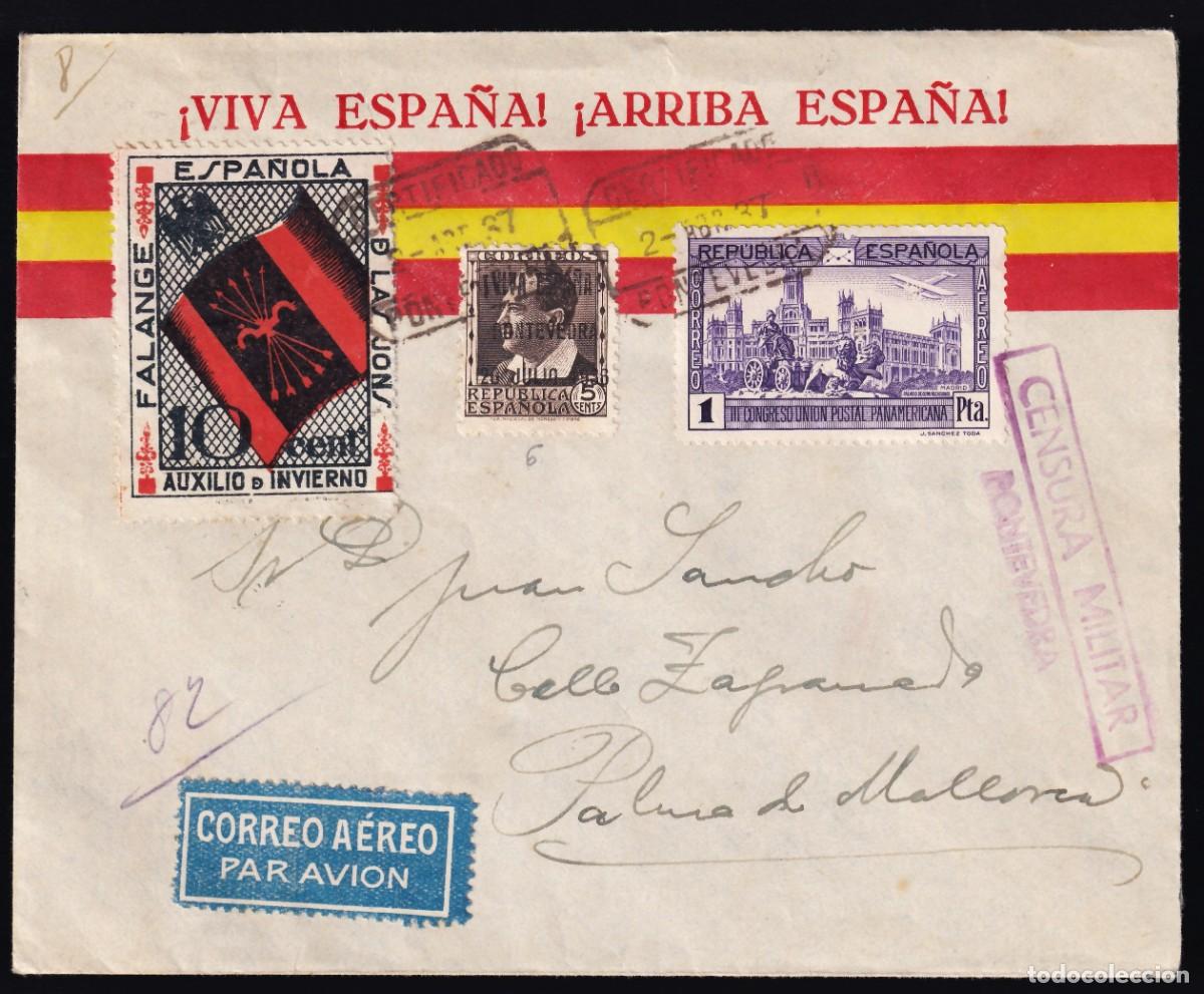 Sellos: Sobre Patri&oacute;tico, Pontevedra a Palma de Mallorca, franqueo mixto.