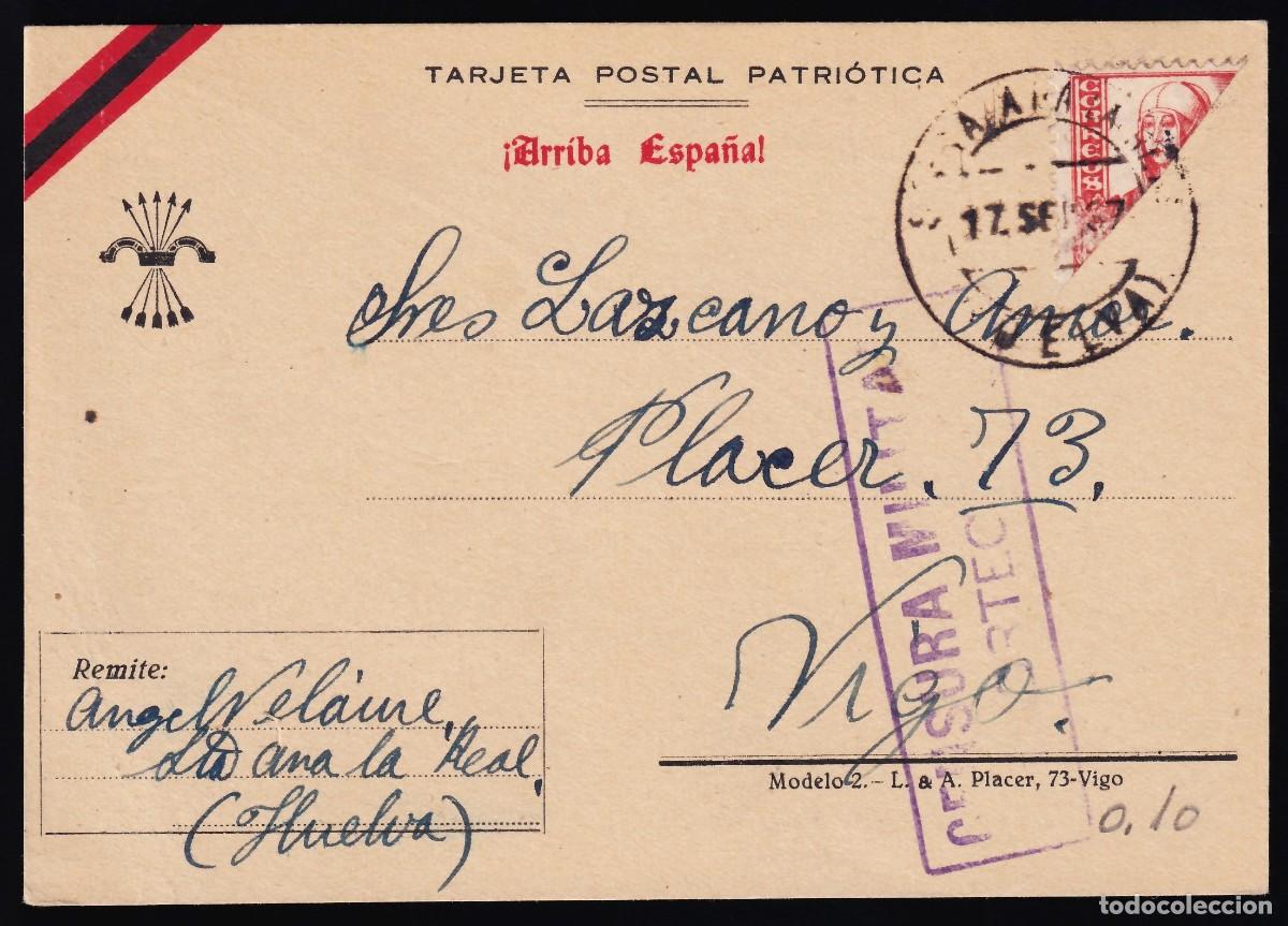 Sellos: Tarjeta de la Falange, Huelva a Vigo, Franqueo, sello bisectado