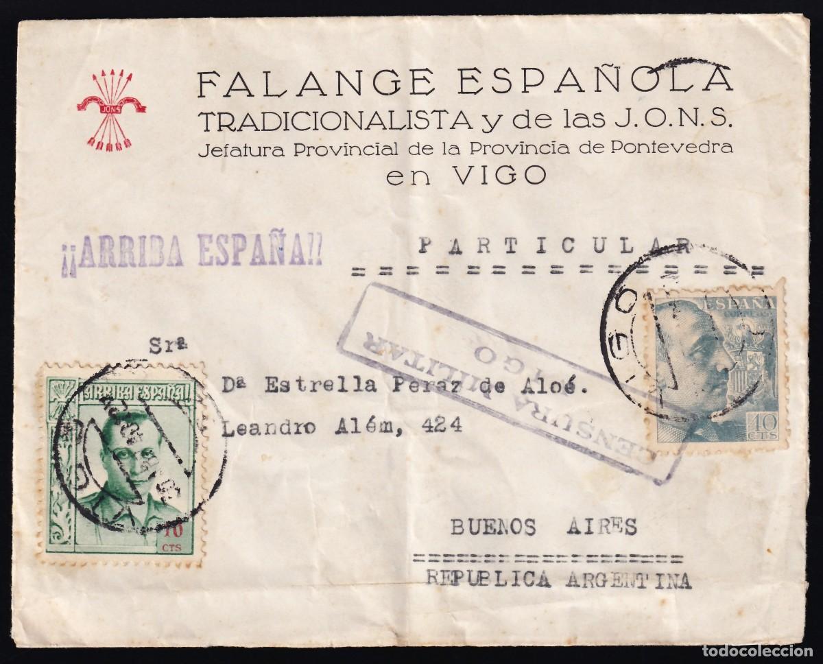 Sellos: Sobre de la Falange, Vigo a Argentina, Franqueo Mixto, Censura