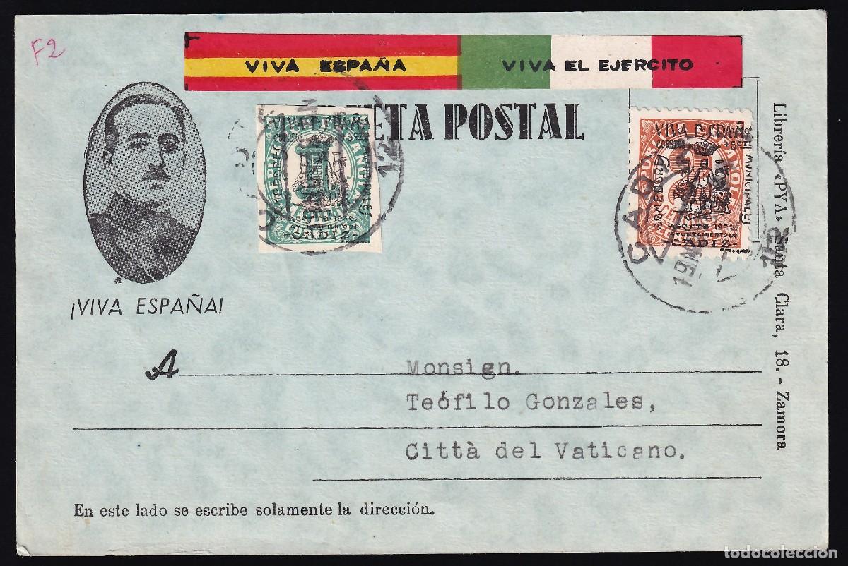 Sellos: Tarjeta Postal, Cadiz a Ciudad del Vaticano, Etiqueta y sellos patri&oacute;ticos