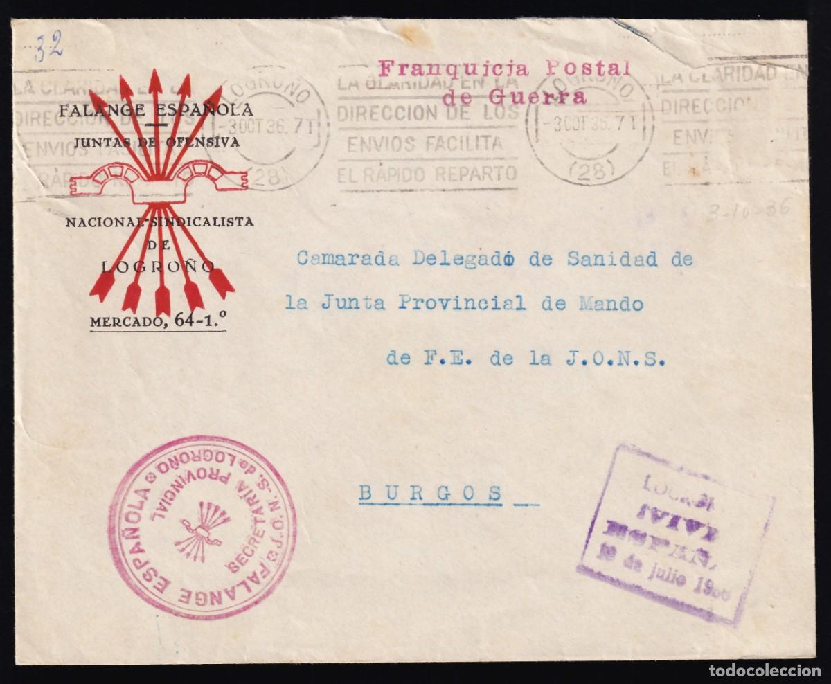 Sellos: Sobre de la Falange, Logro&ntilde;o a Burgos, Franquicia Postal de Guerra, Distintas marcas