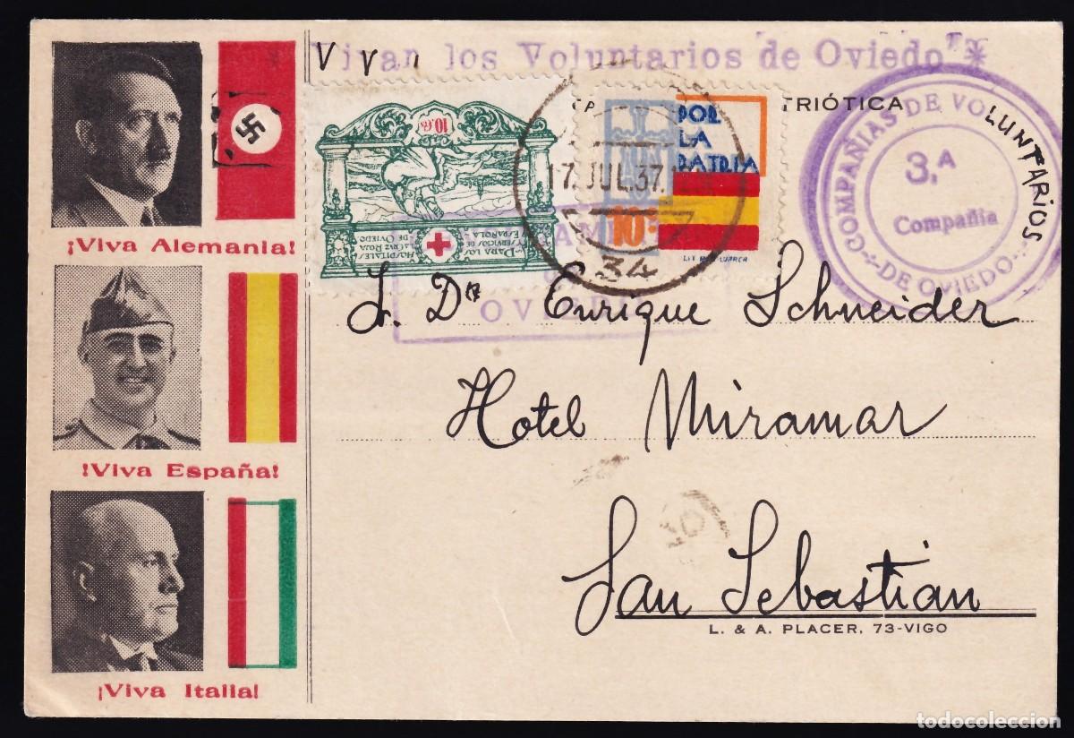 Sellos: Tarjeta Postal, Oviedo a San Sebasti&aacute;n, Marca Compa&ntilde;&iacute;a de Voluntarios de Oviedo, sellos patri&oacute;ticos.