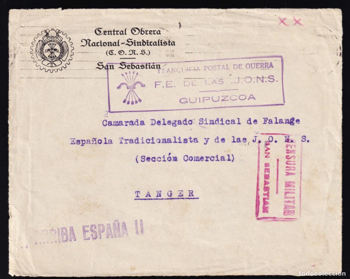 Sellos: Frontal, Central Obrera Nacional Sindical, [Franquicia Postal de Guerra, Falange.]