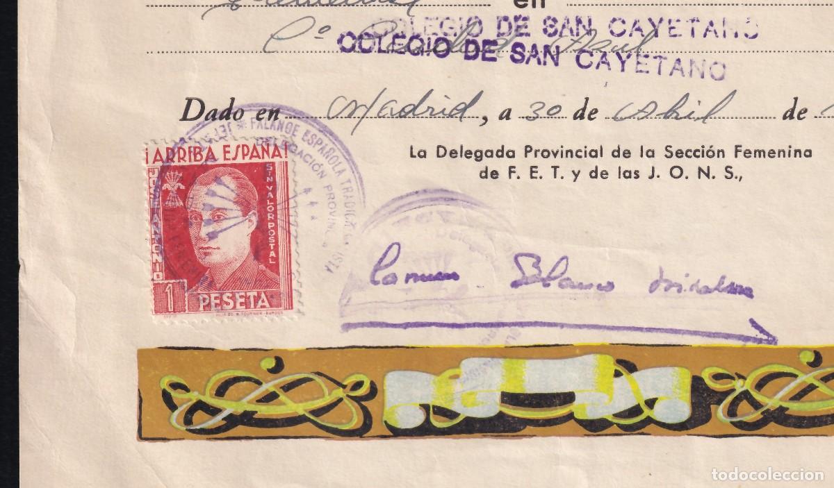 Sellos: Certificado de Calificaci&oacute;n, Colegio de San Cayetano, Vi&ntilde;eta de la Falange de 1 pts