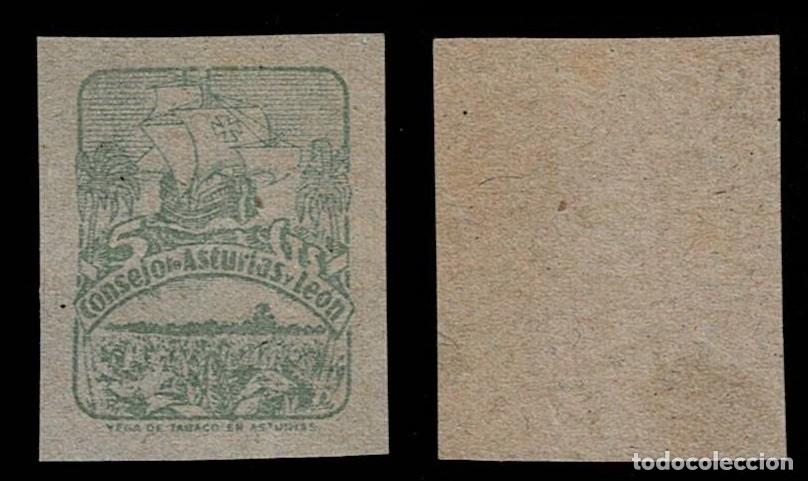 Sellos: 0022-11 Guerra Civil Consejo de ASTURIAS Y LEON PRUEBA SIN DENTAR Fesofi tipo n&ordm; 6 Color VERDE CLAR