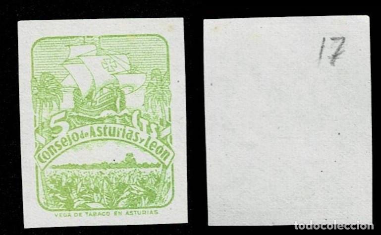 Sellos: 0022-17 Guerra Civil ASTURIAS Y LEON PRUEBA SIN DENTAR Fesofi n&ordm; 6 Color VERDE AMARILLO Papel Color