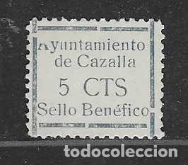 Sellos: CAZALLA.-.SEVILLA- 5 CTS,.VARIEDAD,- A de AYUNTAMIENTO IMPRESION PARCIAL- CARIDAD.-, VER
