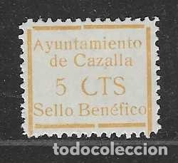 Sellos: CAZALLA.-.SEVILLA- 5 CTS,.VARIEDAD,- C de CTS. IMPRESION PARCIAL- CARIDAD.-, VER