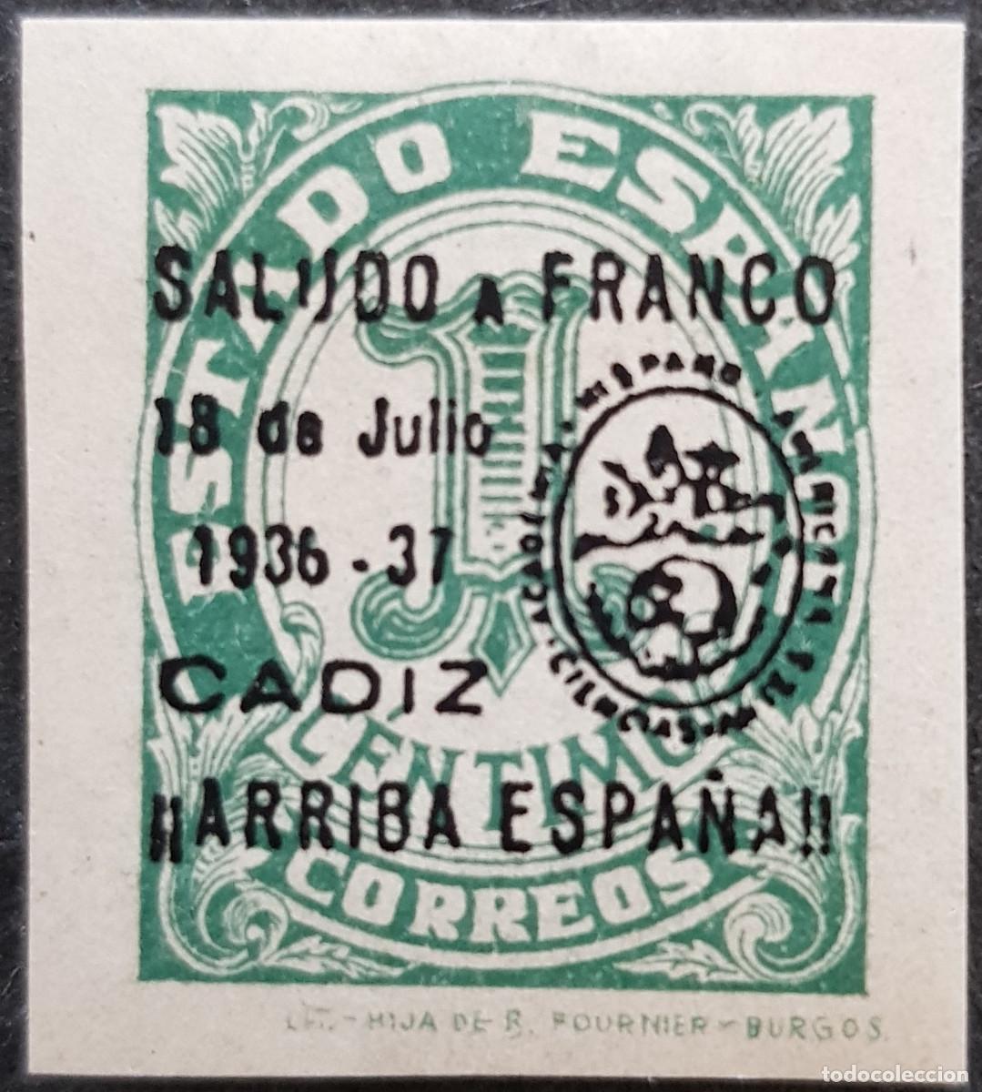 Sellos: Espa&ntilde;a a&ntilde;o 1937 Emisiones Locales Patri&oacute;ticas Cadiz MH sobrecarga invertida