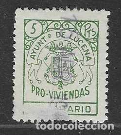 Sellos: LUCENA.- CORDOBA- 5 PTAS.- PRO VIVIENDAS-N/C. LEVE RASPADURA, MUY RARO- VER FOTOS
