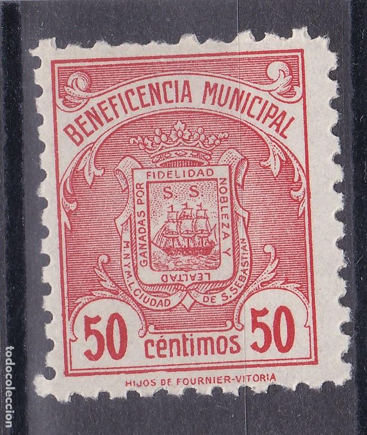 Sellos: SS3-FISCALES MUNICIPALES BENEFICENCIA San SEBASTIAN 50 Cts ** Sin Fijasellos .LUJO. Pie Fournier.