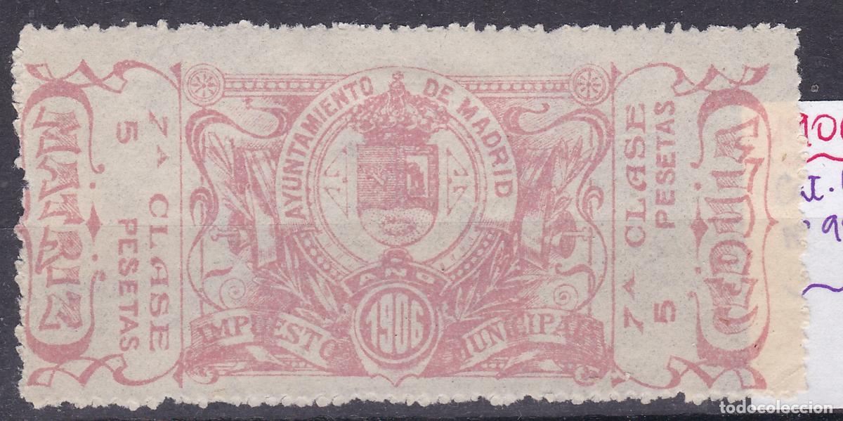 Sellos: SS7-FISCALES LOCALES Ayuntamiento MADRID 7&ordf; Clase 5 Pesetas 1906 .* Con Fijasellos .