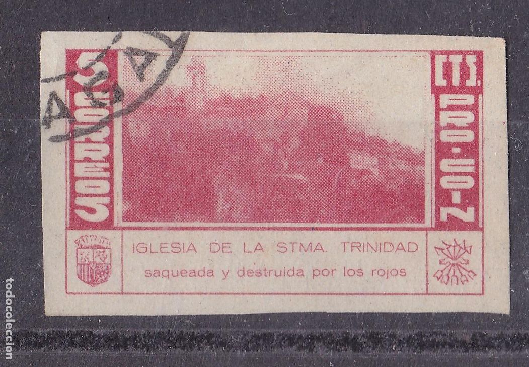 Sellos: AA3-Guerra Civil . Iglesia Stm&ordf; Trinidad saqueada y destruida por los Rojos. COIN 5 Cts .Con Goma*