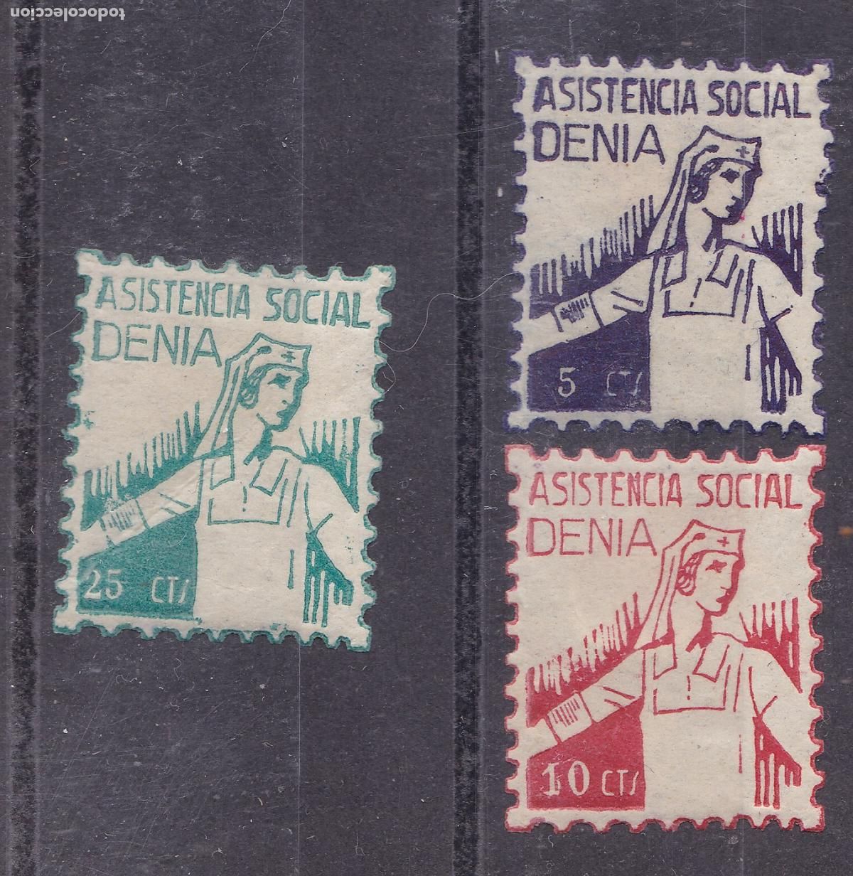 Sellos: AA3-Guerra Civil . Asistencia Social DENIA 5, 10 , 25 Cts Nuevos * Con Fijasellos