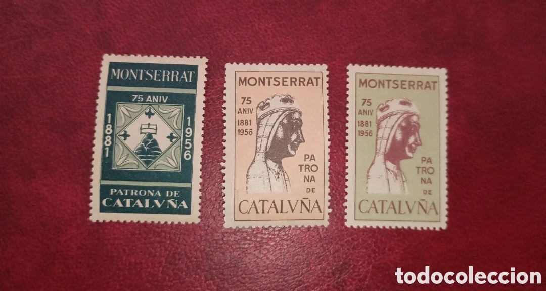 Sellos: ESPA&Ntilde;A - MONTSERRAT 75 ANIVERSARIO 1881-1956 PATRONA DE CATALU&Ntilde;A - LOTE DE 3 VI&Ntilde;ETAS ORIGINALES