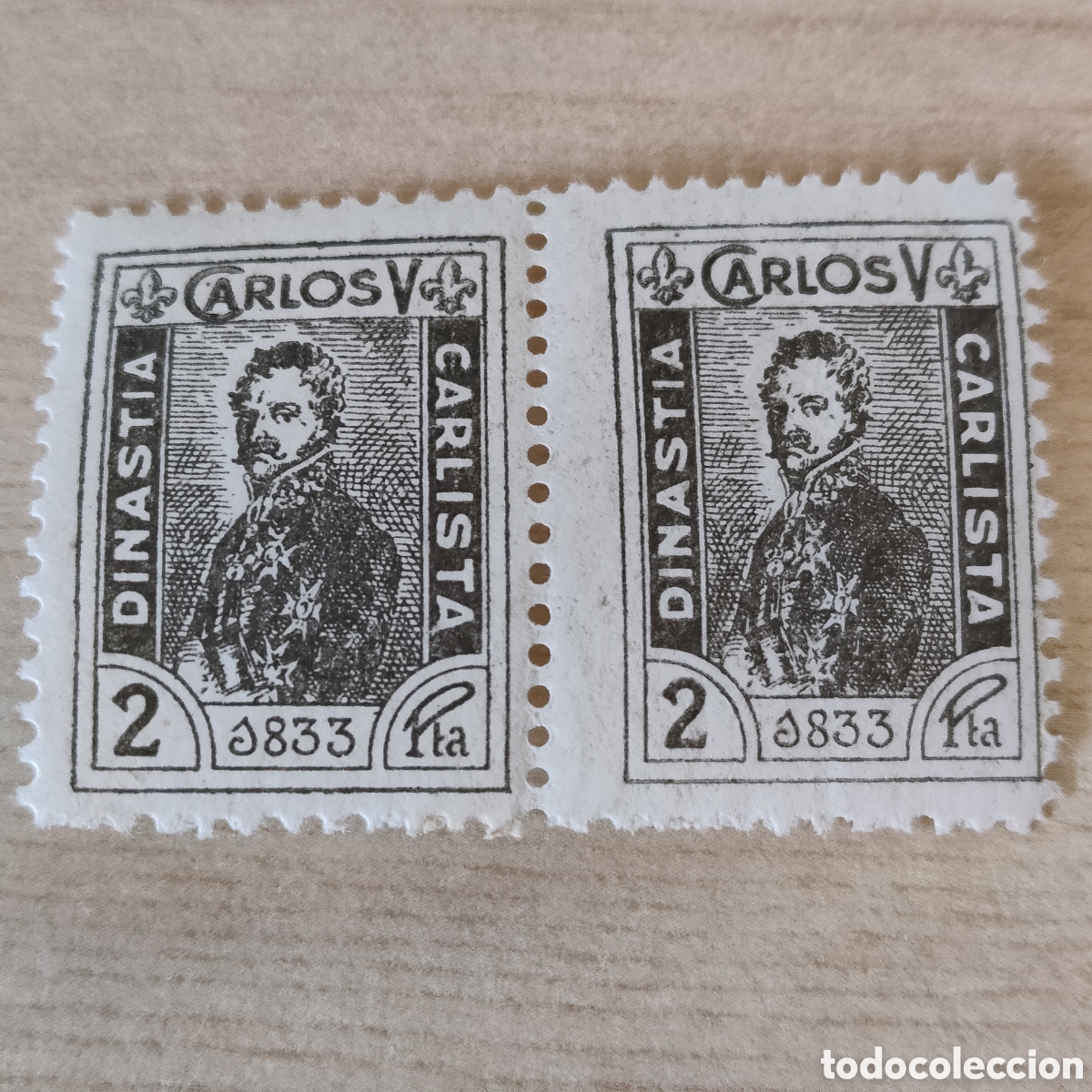 Sellos: a65 RAR&Iacute;SIMO Carlos V Dinast&iacute;a Carlita 1833 Allepuz 2 gris 2 ptas REQUETES ver descripci&oacute;n