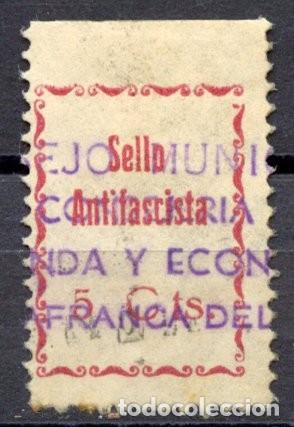 Sellos: VILLAFRANCA DEL CID (CASTELL&Oacute;N) SELLO LOCAL EDIFIL N&ordm; 2 (RR). SELLO ANTIFASCISTA