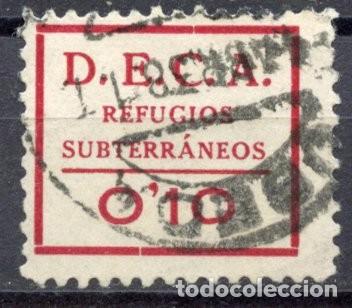 Sellos: VI&Ntilde;ETA REPUBLICANA &rdquo;D.E.C.A. - REFUGIOS SUBTERR&Aacute;NEOS - 10 CTS&rdquo;, EDIFIL N&ordm; 2483 (R) usada en &Uacute;BEDA