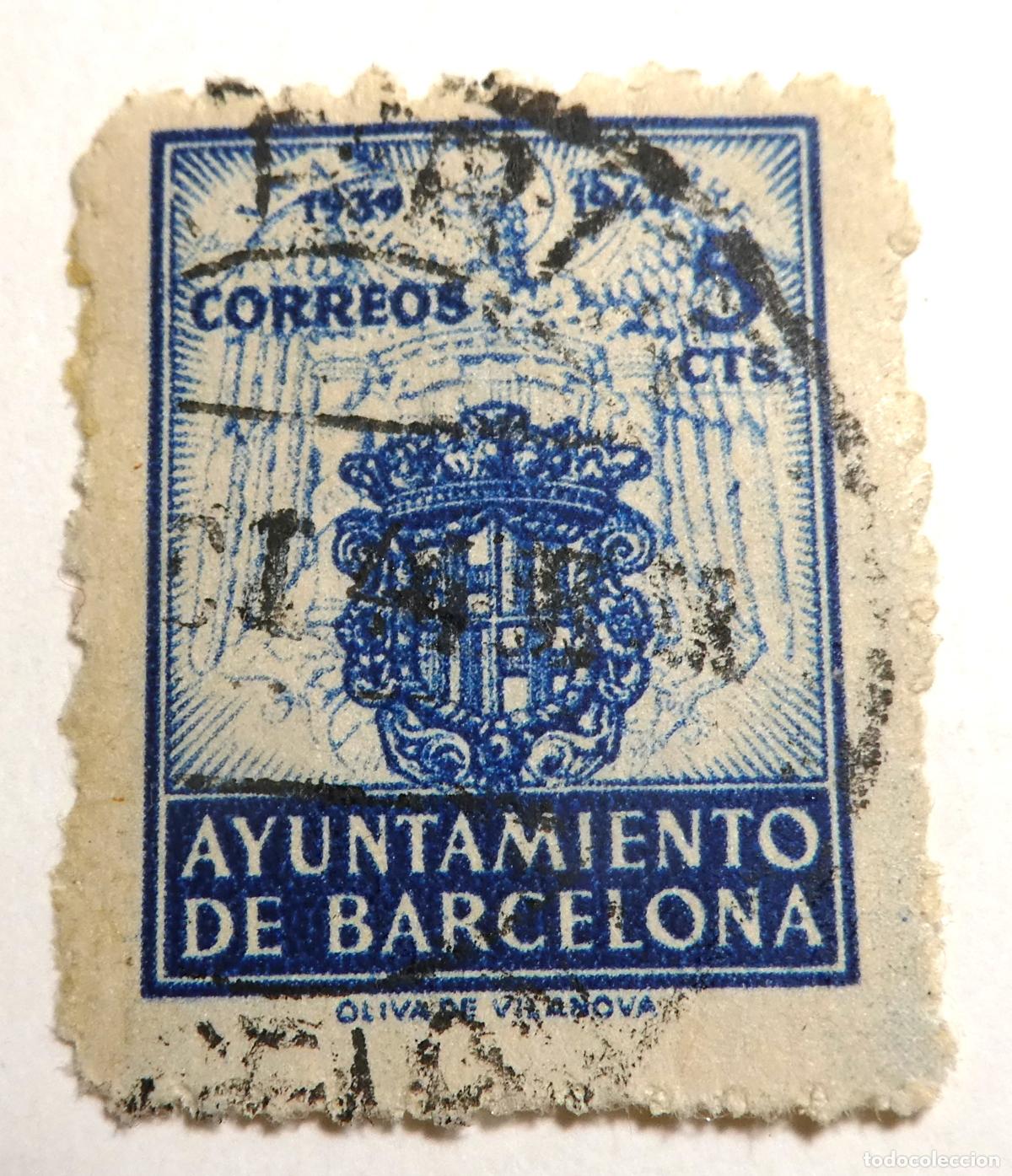 Sellos: Sello postal 5 CTS. AYUNTAMIENTO DE BARCELONA. 1939-1944. OLIVA DE VILANOVA.