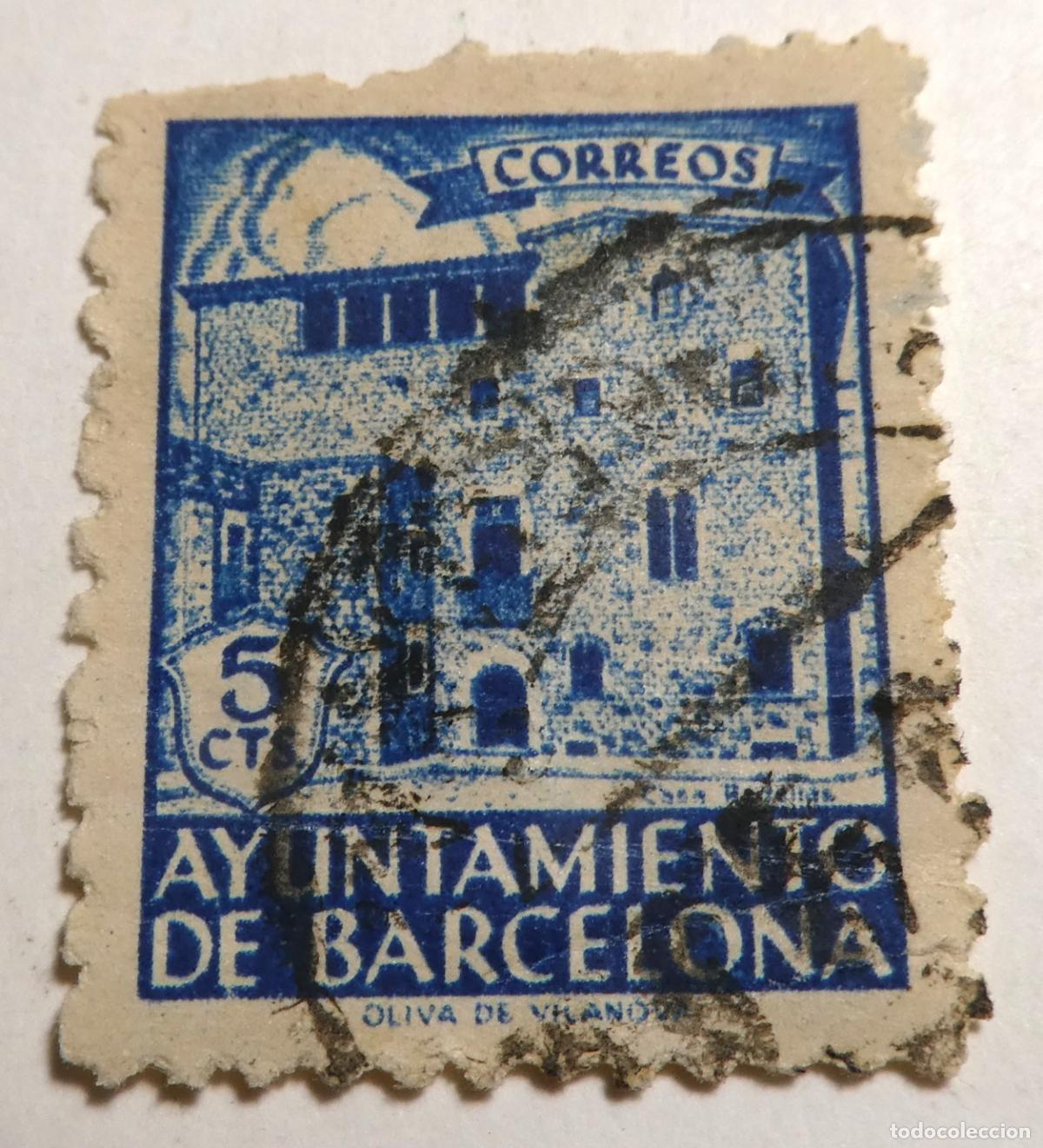 Sellos: Sello postal 5 CTS. AYUNTAMIENTO DE BARCELONA. 1939-1944. OLIVA DE VILANOVA.