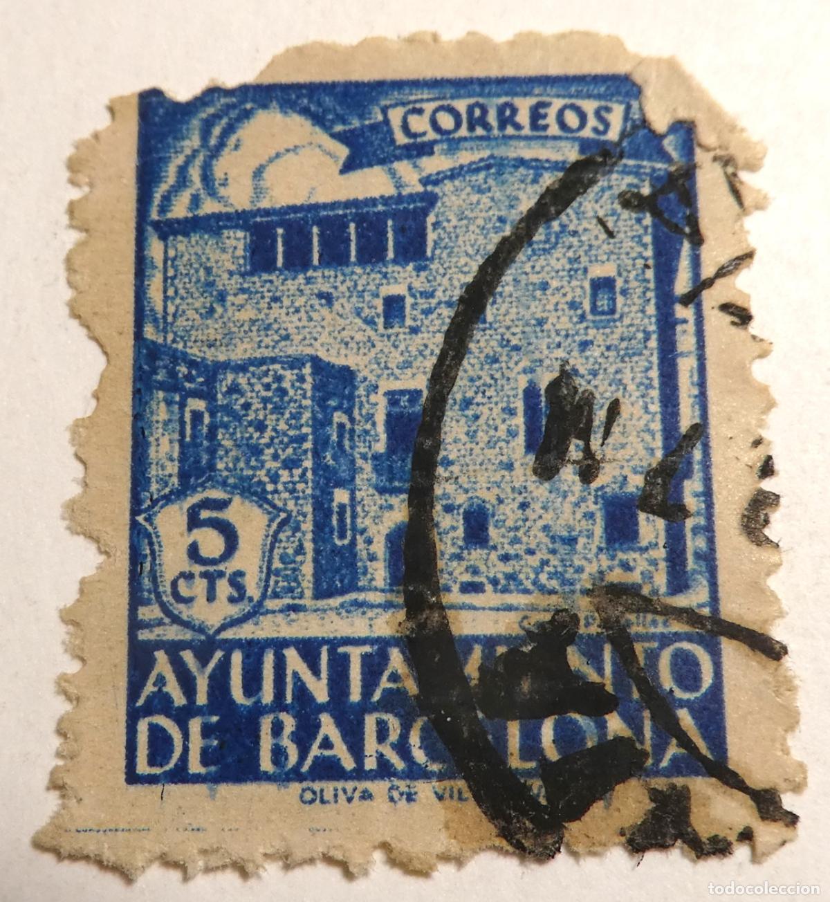 Sellos: Sello postal 5 CTS. AYUNTAMIENTO DE BARCELONA. 1939-1944. OLIVA DE VILANOVA.