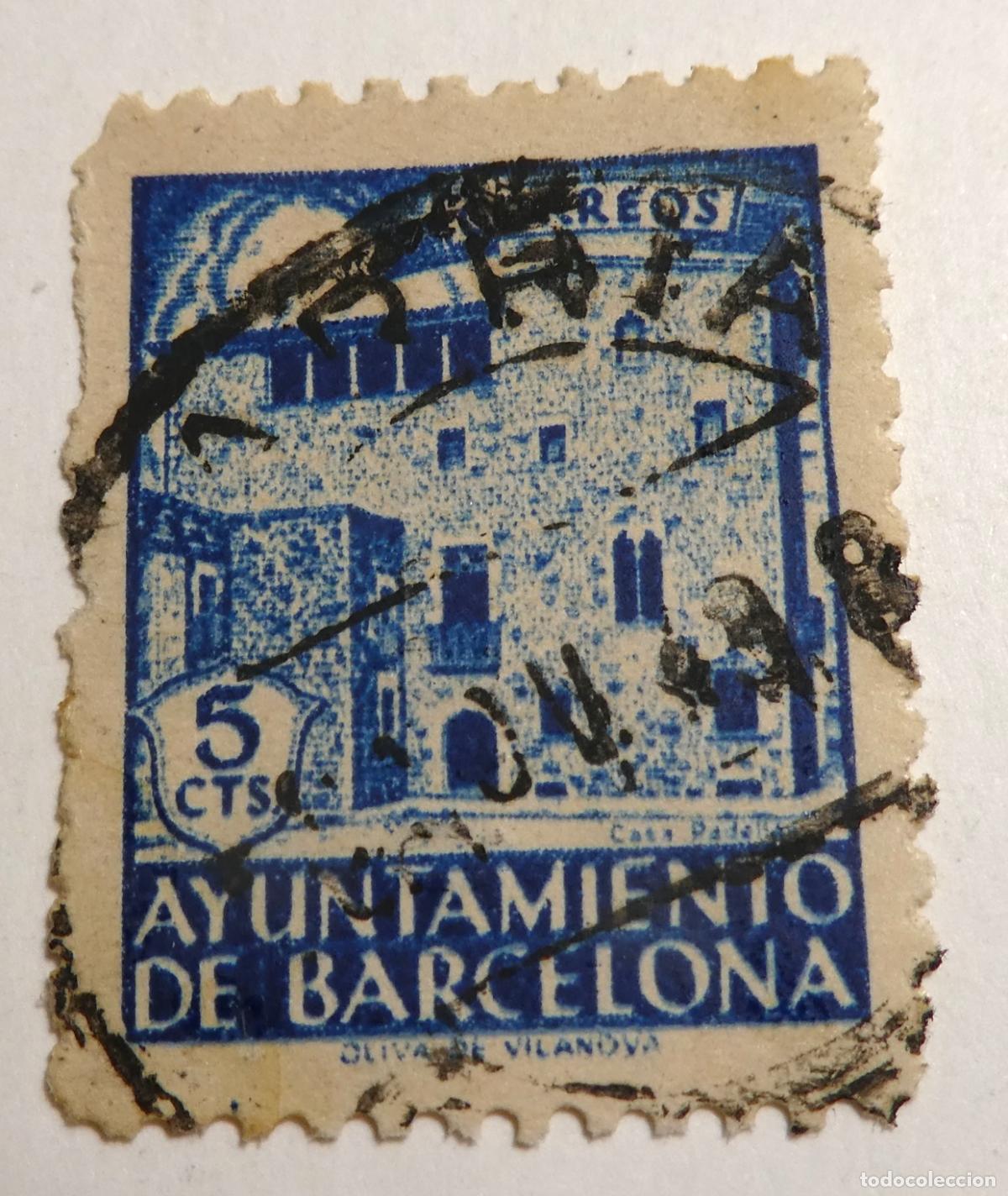 Sellos: Sello postal 5 CTS. AYUNTAMIENTO DE BARCELONA. 1939-1944. OLIVA DE VILANOVA.