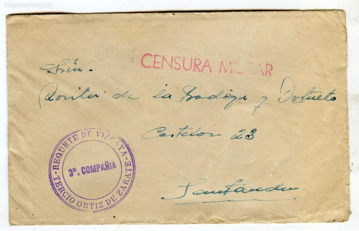 Sellos: Sobre circulado guerra civil Tercio Ortiz de Z&aacute;rate, Requet&eacute; de Vizcaya 9/08/1938