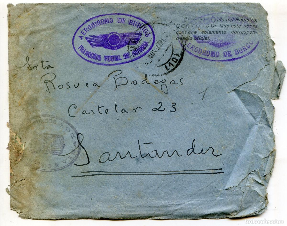 Sellos: Sobre circulado guerra civil Aer&oacute;dromo de Burgos, franquicia postal de guerra a Santander 1937