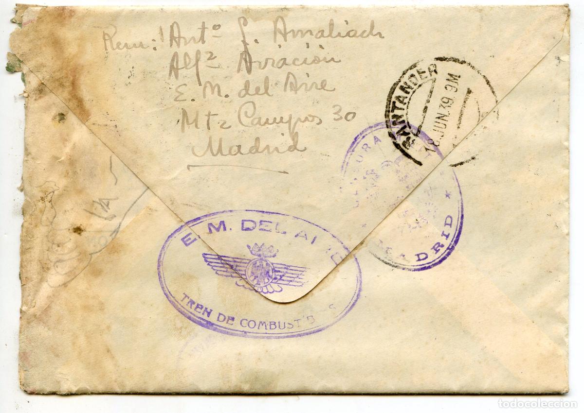 Sellos: Sobre con sello franquicia E.M. del Aire. Tren de combustibles. Guerra Civil, 15/06/1939 a&ntilde;o de la v