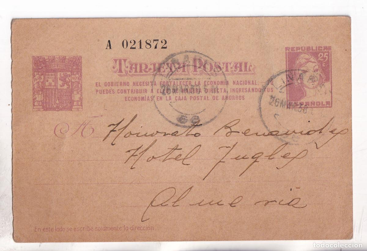 Sellos: TARJETA ENTERO POSTAL. LINARES. JA&Eacute;N. AL HOTEL INGL&Eacute;S DE ALMER&Iacute;A. 1938