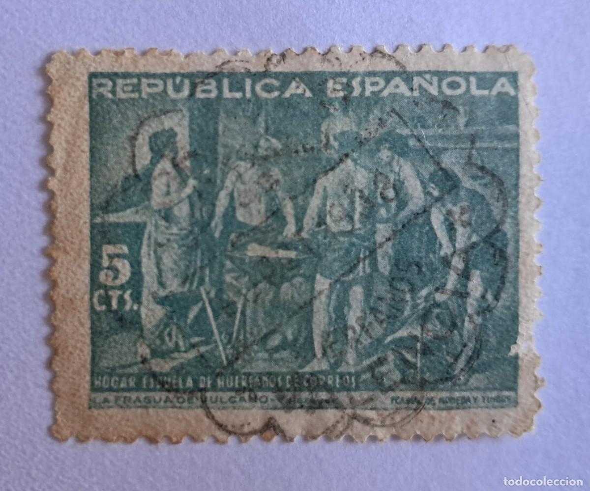 Sellos: 5 CTS - FRAGUA DE VULCANO, VEL&Aacute;ZQUEZ - HOGAR ESCUELA HU&Eacute;RFANOS CORREOS - A&Ntilde;O 1938, CON MATASELLOS