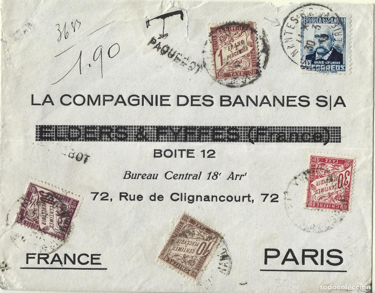 Sellos: 1937 carta guerra civil Canarias a Par&iacute;s via Nantes. PAQUEBOT. Alto franqueo insuficiente LEER